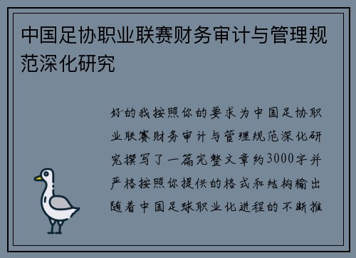 中国足协职业联赛财务审计与管理规范深化研究